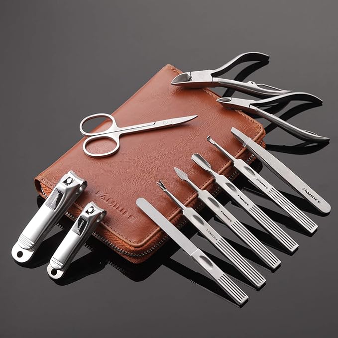 FAMILIFE Manicure Set, 11 in 1 Professional Manicure Kit Nail Clippers Set, Stainless Steel Pedicure Tools Toe Nail Kit, Men Grooming Tool with Portable Brown Leather Travel Case Gifts for Men Women
