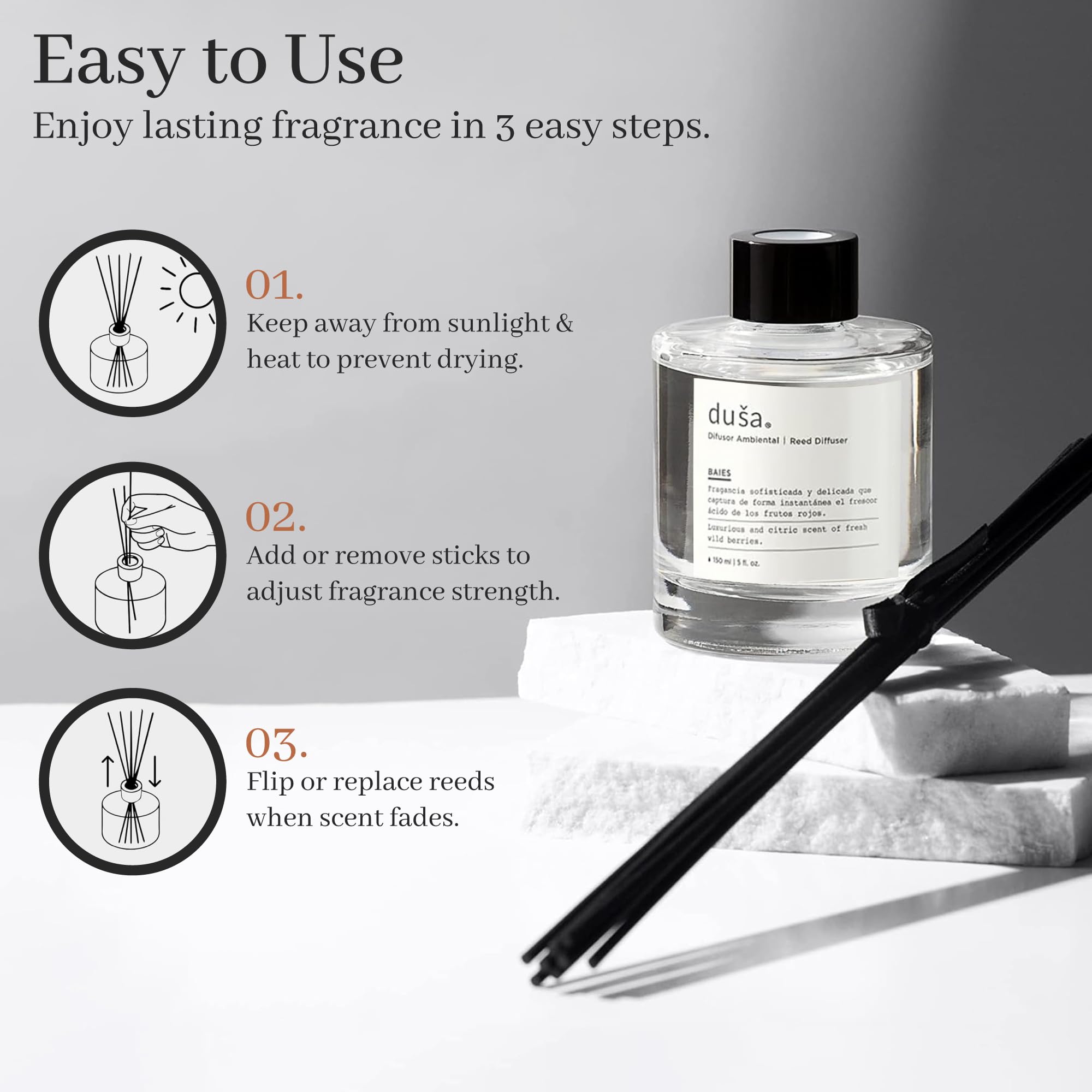 Duša Baies Scented Reed Diffuser & Sticks – 5 Fl Oz Essential Home Fragrance for Bathroom, Office & Living Spaces –Stylish & Long-Lasting Room Air Freshener –Ideal for Housewarming & Special Occasions