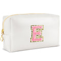 URSKYTOUS Initial Makeup Bag Personalized Preppy Travel Small Cosmetic Bag Cute PU White Chenille Letter Makeup Pouch for Purse Waterproof Zippered Toiletry Organizer for Women Girls Kids Friends (E)