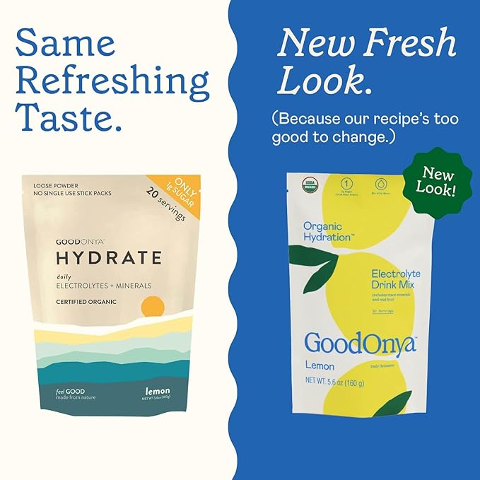 GoodOnya Organic Hydration Electrolyte Drink Mix, Certified Organic Hydration Powder, Non-GMO, Biochecked Glyphosate Free, Low Sugar, Lemonade Flavor, No Artificial Flavors, 20 Servings