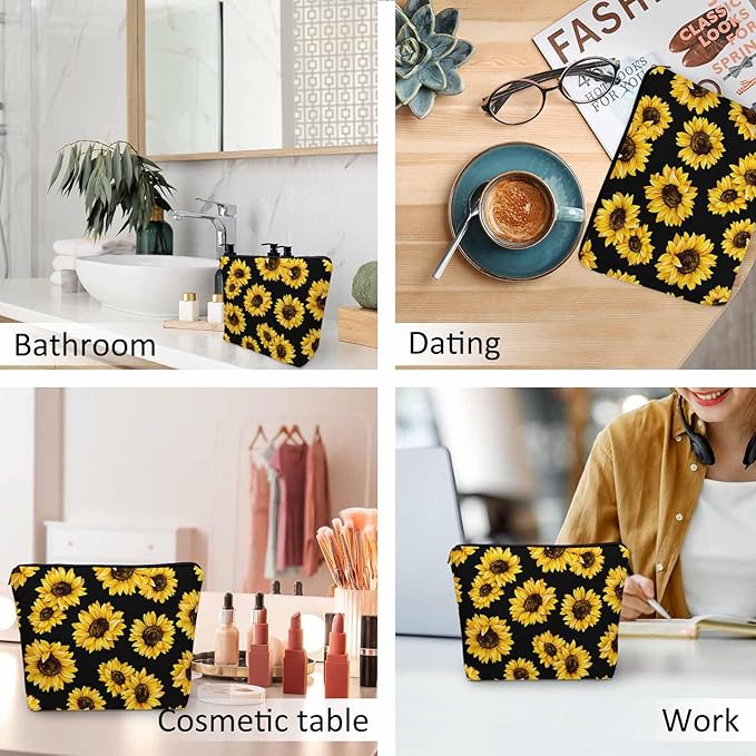 Kalygon Sunflower Cosmetic Bags For Women, Blossom Sunflowers Yellow Roomy Makeup Bag Toiletry Bag Accessories Organizer Storage Bags Makeup Pouch For Travel Business Gym Camping Bathroom