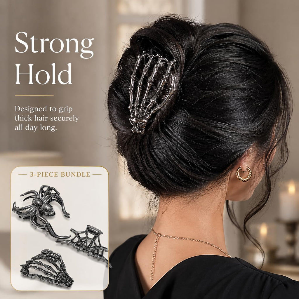 Parcce 3 Pieces Large Metal Spider Net Hand Hair Claw Clips for Women and Girls Thick Long Hair, Nonslip Skeleton Spooky Barrette Headband Hair Styling Accessories for Halloween