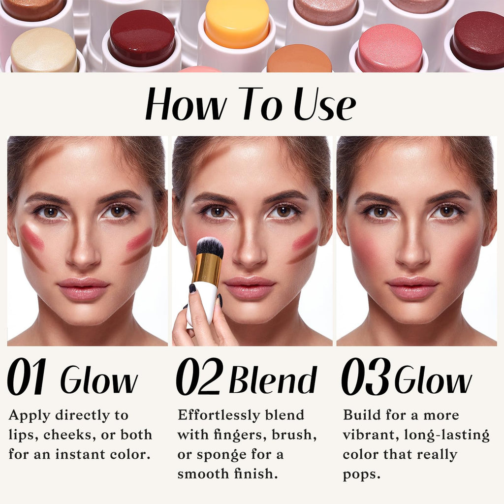 KIMUSE Face Sticks Trio, Cream Blush Stick & Highlighter Stick & Contour Stick for Sculpt the Cheeks, Long Lasting Cream Contour Stick Trio for Face Makeup, with Brush