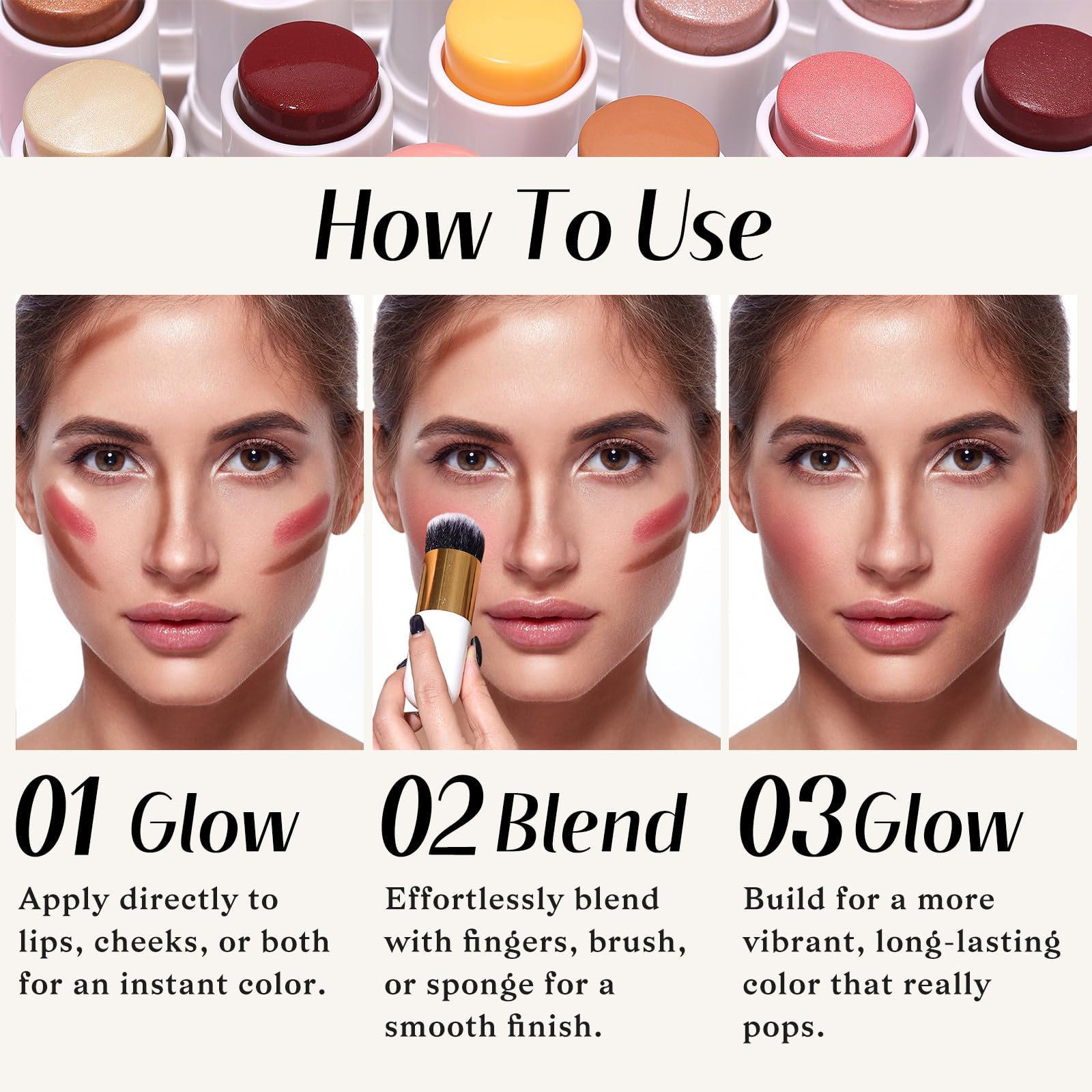 KIMUSE Face Sticks Trio, Cream Blush Stick & Highlighter Stick & Contour Stick for Sculpt the Cheeks, Long Lasting Cream Contour Stick Trio for Face Makeup, with Brush