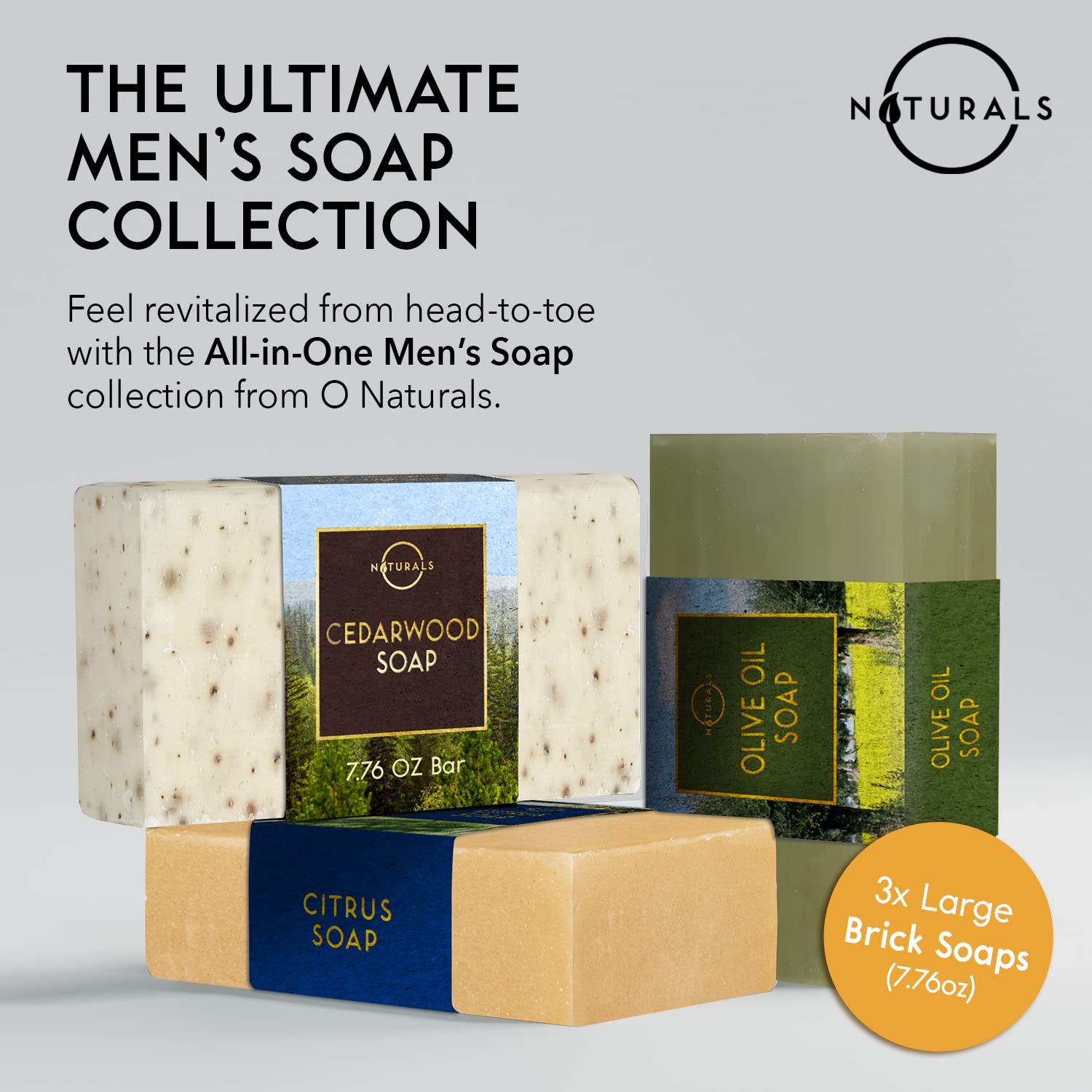 O NATURALS Bar Soap for Men - 3-Pcs Mens Soap Bar - Natural Soap - Mens Bar Soap - Men Soap - Natural Soap for Men - Organic Men's Soap Bars - Exfoliating Soap Bar - Citrus, Olive & Cedarwood