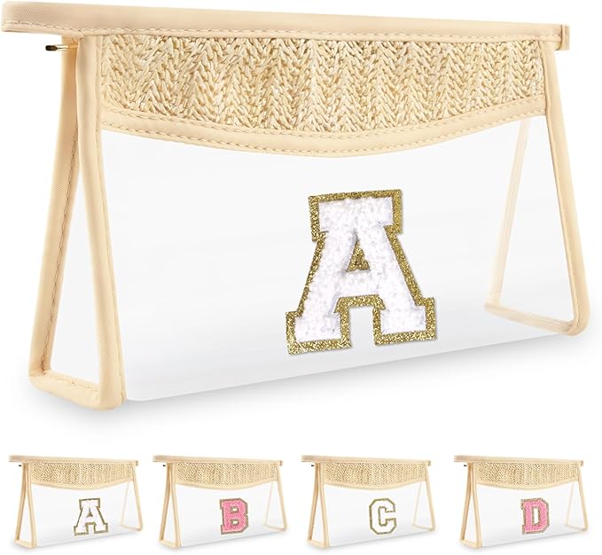 UIXIZQ Personalized Initial Letter Bag Boho Straw Clear Makeup Bag,Small Cute Chenille Varsity Letter Bag With Zipper,Beach Travel Toiletry Bag,Portable Monogrammed Cosmetic Bag for Women Girls,A