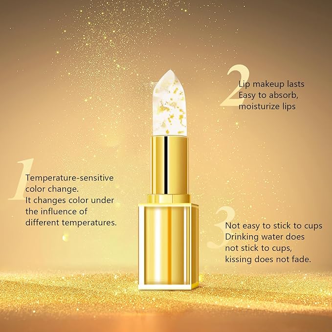 EOIRULA 2PCS Transferproof Color Changing Lipstick, Color Changing Lipstick Gold Foil for Women, Moisturizing Glossy Shine Lip Gloss, Deep Nourishment