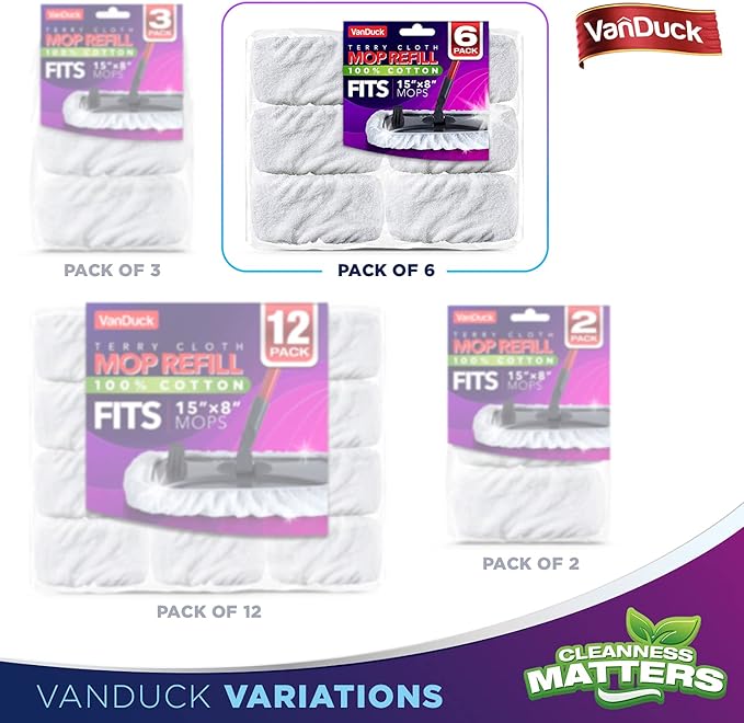 VanDuck 100% Cotton Terry Mop Pads 15x8 Inches, 6-Pack (Mop Not Included)