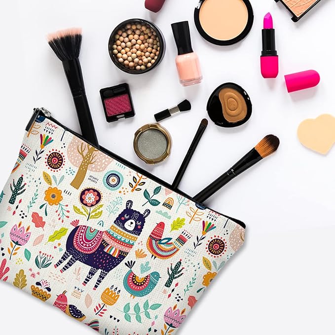Givotin Cute Makeup Bag for Purse Canvas Waterproof Funny Cosmetic Bags for Women Zipper Travel Toiletry Pouch-Alpaca Makeup Bags-Creamy