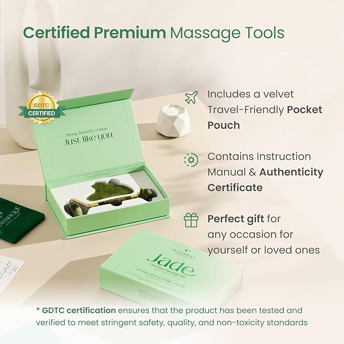PLANTIFIQUE Jade Roller & Gua Sha Facial Tool Set, Certified Face Massager