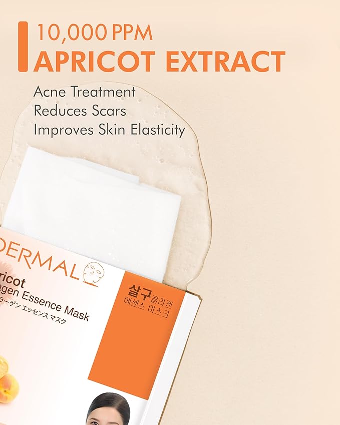 DERMAL Apricot Collagen Korean Essence Sheet Mask, Radiance, 23g, 10 Pack