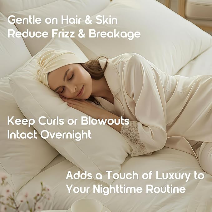 SYSERAN 100% Mulberry Silk Bonnet for Sleeping - Women Natural Curly Hair Night Cap Luxury Sleep Head Wrap with Elastic Band(Beige)