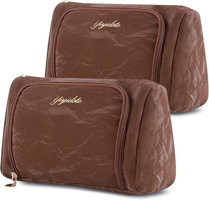 YIYIDSTO Cosmetic Bag Travel Makeup Bag Large Capacity Small Travel Zipper Pouch Makeup Organizer Bag for Women (Brown-2 Pack)