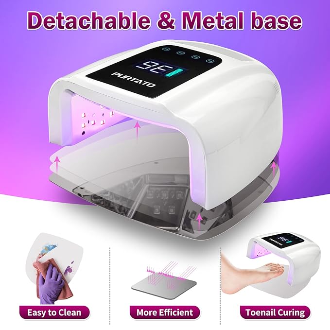 PURTATO Professional Rechargeable 96W UV LED Portable Cordless UV Light for Nail Lamp Machine with Removable Stainless Steel Bottom,4 Timer Setting and Smart Sensor Nail Dryer (White)