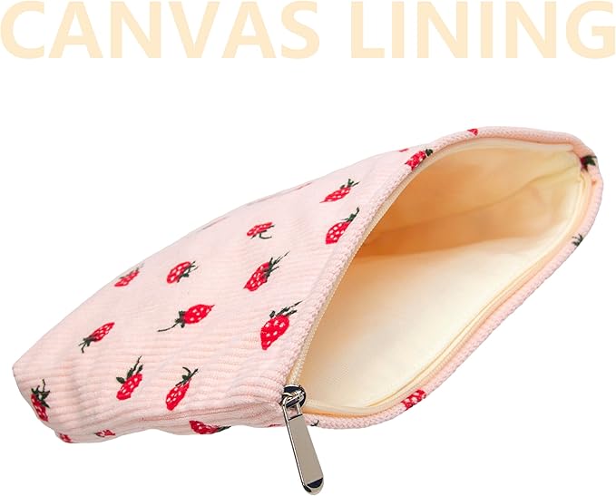 Flat Makeup Bag for Women,Zipper Cosmetic Pouch for Purse,Strawberry Pink