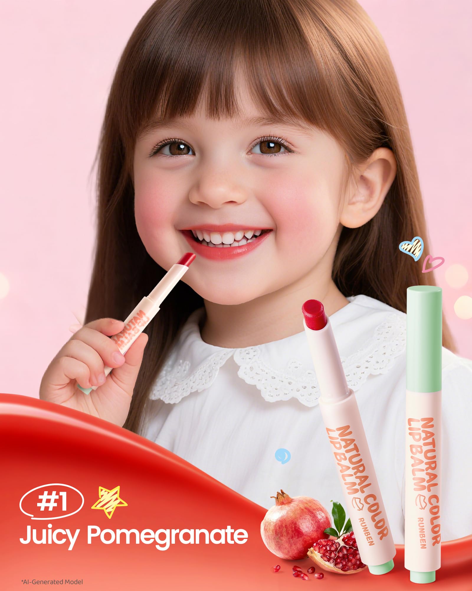 RUNBEN Kids Tinted Lip Balm, Juicy Pomegranate Lipstick