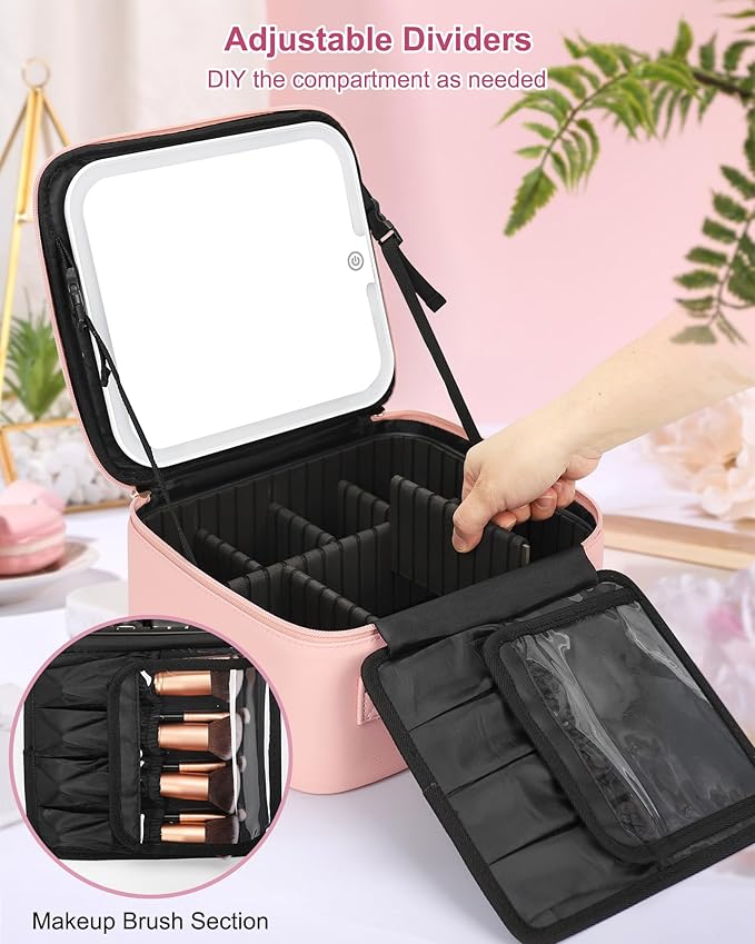 Relavel Initial Makeup Bag with LED Mirror for Women Girls, Personalized Travel Cosmetic Organizer Train Case, Birthday Gifts for Grandkids Bridesmaid Graduation Teacher Friends, Trendy Stuff, Pink G
