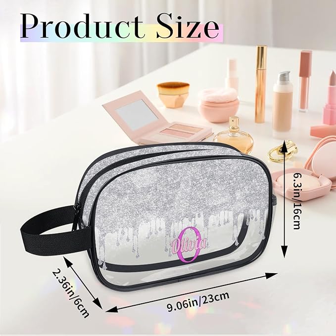 KFNHN Personalized Name Toiletry Bag, Transparent PVC Large Travel Cosmetic Bag Portable Makeup Organizer Bag for Women Bathroom Shower Essentials, Silver Curtain Glittering