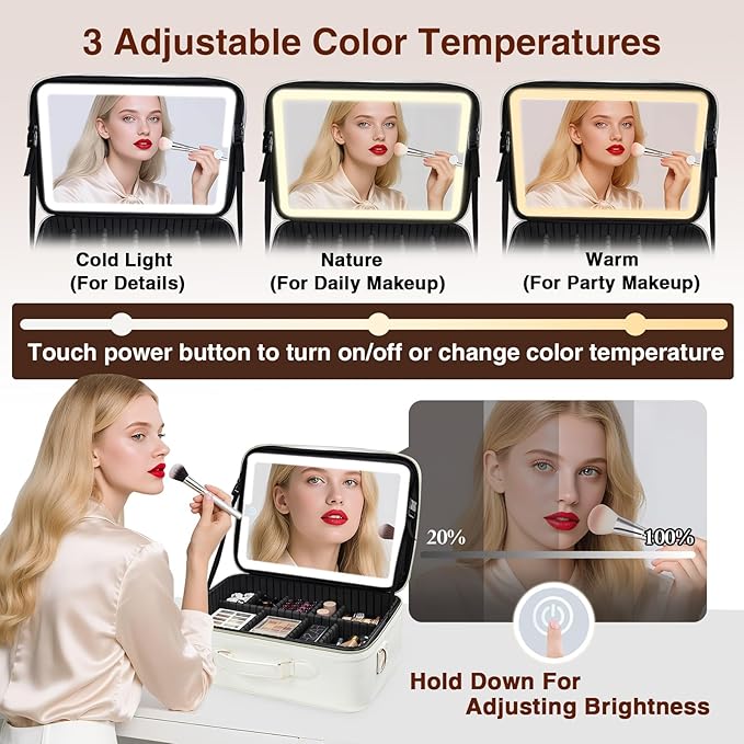 Faquenc Large Makeup Bag with LED Mirror,15”Cosmetic Train Case for Makeup Artists,Travel Makeup Organizer Case w Divider Rechargeable Vanity Mirror with 3 Color Lights for Barber,MUA,Nail Tech, Beige