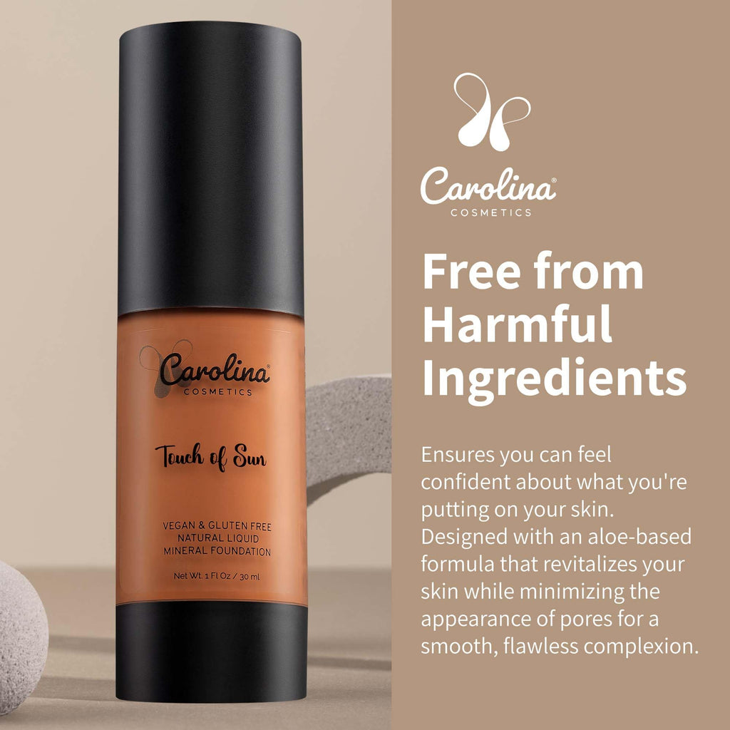 Carolina Cosmetics - Plant-Based Foundation in Touch of Sun Shade - Hydrating, Pore-Minimizing & Buildable Coverage - Vegan, Non-GMO, Gluten-Free, Paraben-Free - Sun Protection - 1Fl Oz