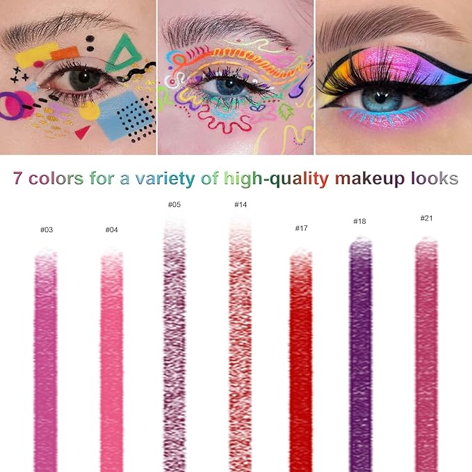 Meilury 7 Colorful Eyeliner Pen Set, Eye Shadow Pencil, Pearl Eyeliner Kit Metallic Glitter Colored Eye liner for Women Eye&Lip Liner Professional Waterproof Eye Makeup (7PCS C)