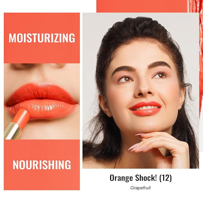Oulac Moisturizing Orange Red Lipstick for Women, Glass Shine Lip Stick Tinted Lip Balm, Hydrating Lip Gloss for Dry Lips,Shine Juicy Finish Vegan Lipsticks 2.2g/0.07oz G12