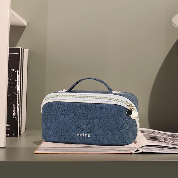 Prite Makeup Bag Travel Toiletry Bag Open Flat Cosmetic Organizer for Women