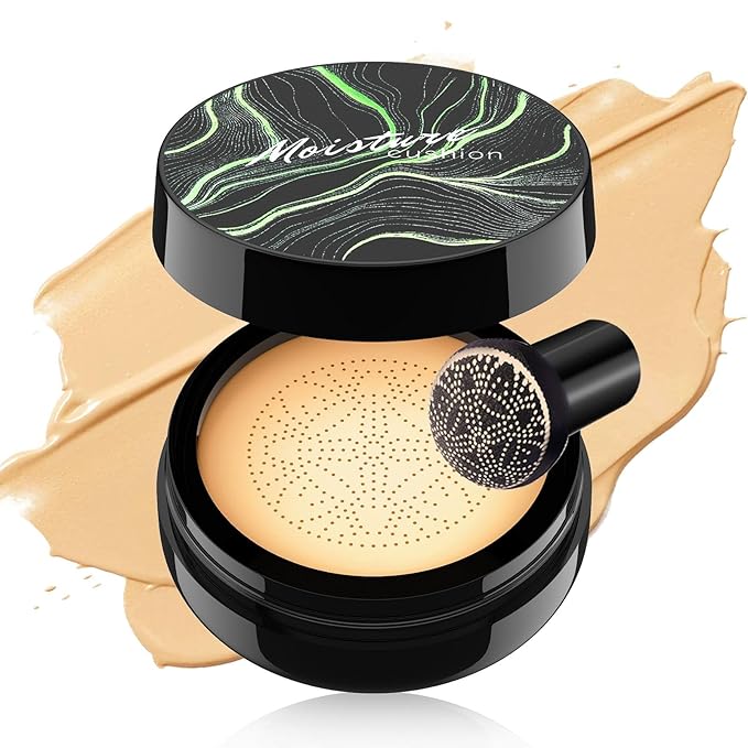 Air Cushion CC Cream Mushroom Head Foundation, Moisturizing BB Cream Makeup Long Lasting, Cushion Foundation Even Skin Tone for Oily & Combination Types (Buff Beige)