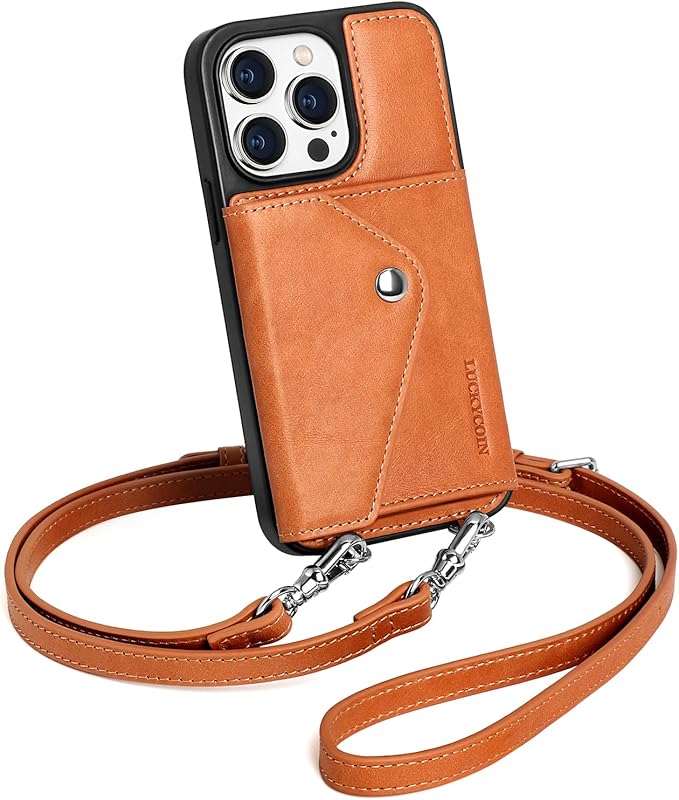 LUCKYCOIN Crossbody Phone Case for iPhone 14 Pro Max, 100% Genuine Leather Phone Wallet Case for Women, Premium Hands-Free Phone Purse with Expandable Flip Card Holder & Adjustable Strap - Retro Brown