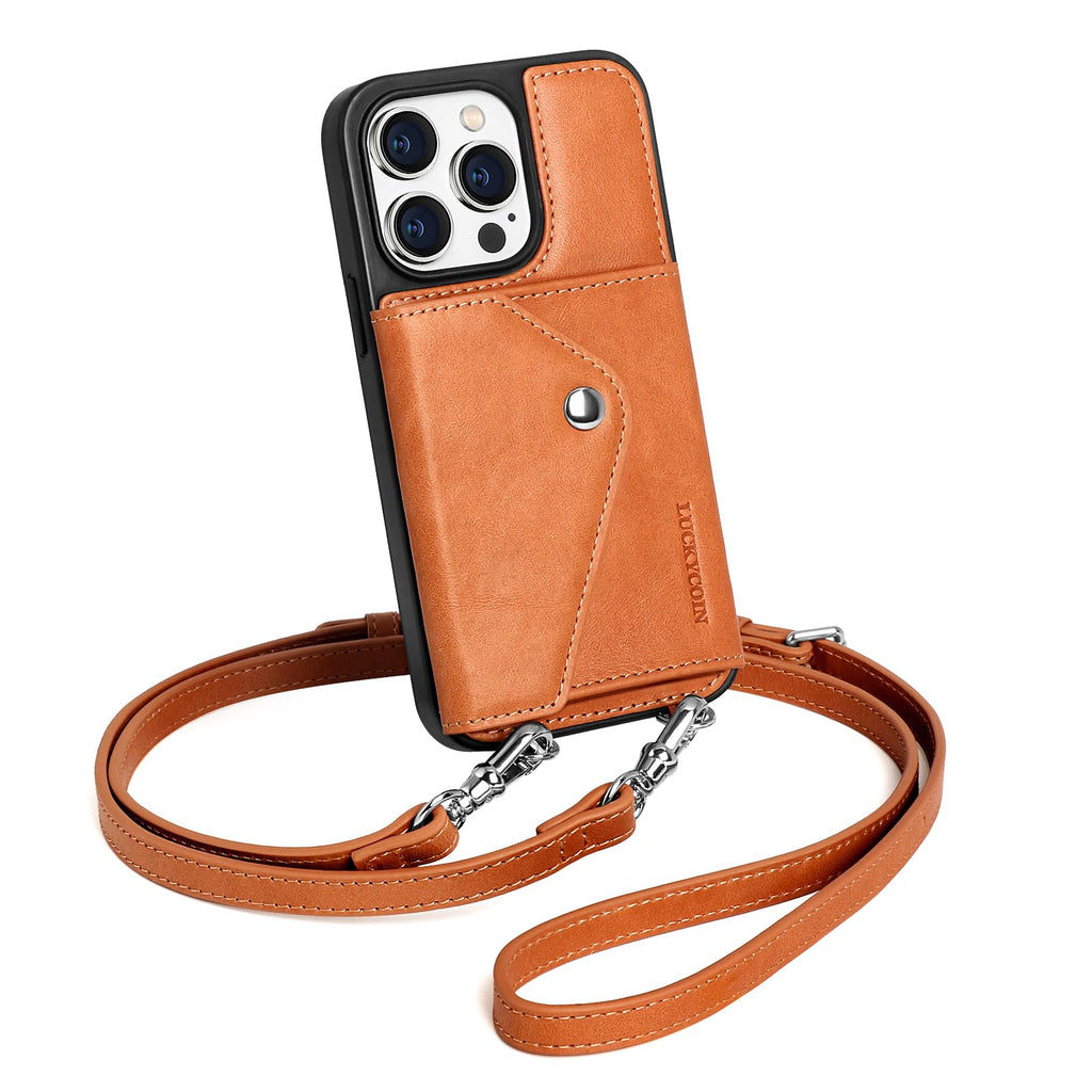 LUCKYCOIN Crossbody Phone Case for iPhone 14 Pro Max, 100% Genuine Leather Phone Wallet Case for Women, Premium Hands-Free Phone Purse with Expandable Flip Card Holder & Adjustable Strap - Retro Brown
