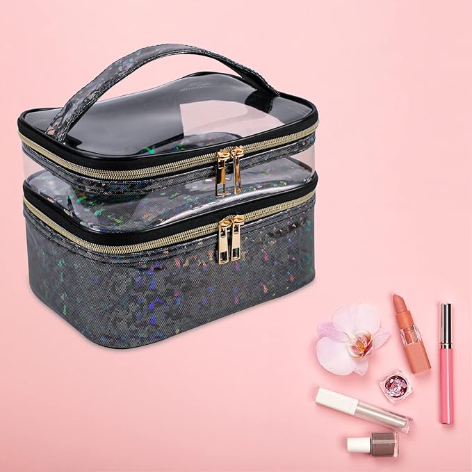 imerelez Double-layer Makeup Bag Cosmetic Bag Travel Makeup Cases Organizer Toiletry Bag Gift for Women, Portable Waterproof (Black)