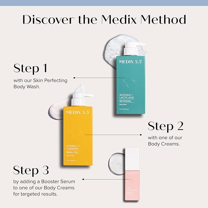 MEDIX 5.5 Exfoliating AHA Glycolic Acid Face & Body Wash Cleanser + Vitamin C Moisturizing Body Cream Lotion Skin Care 2PC Set | Alpha Hydroxy Acid & Lactic Acid Foaming Face Wash, 2-PC