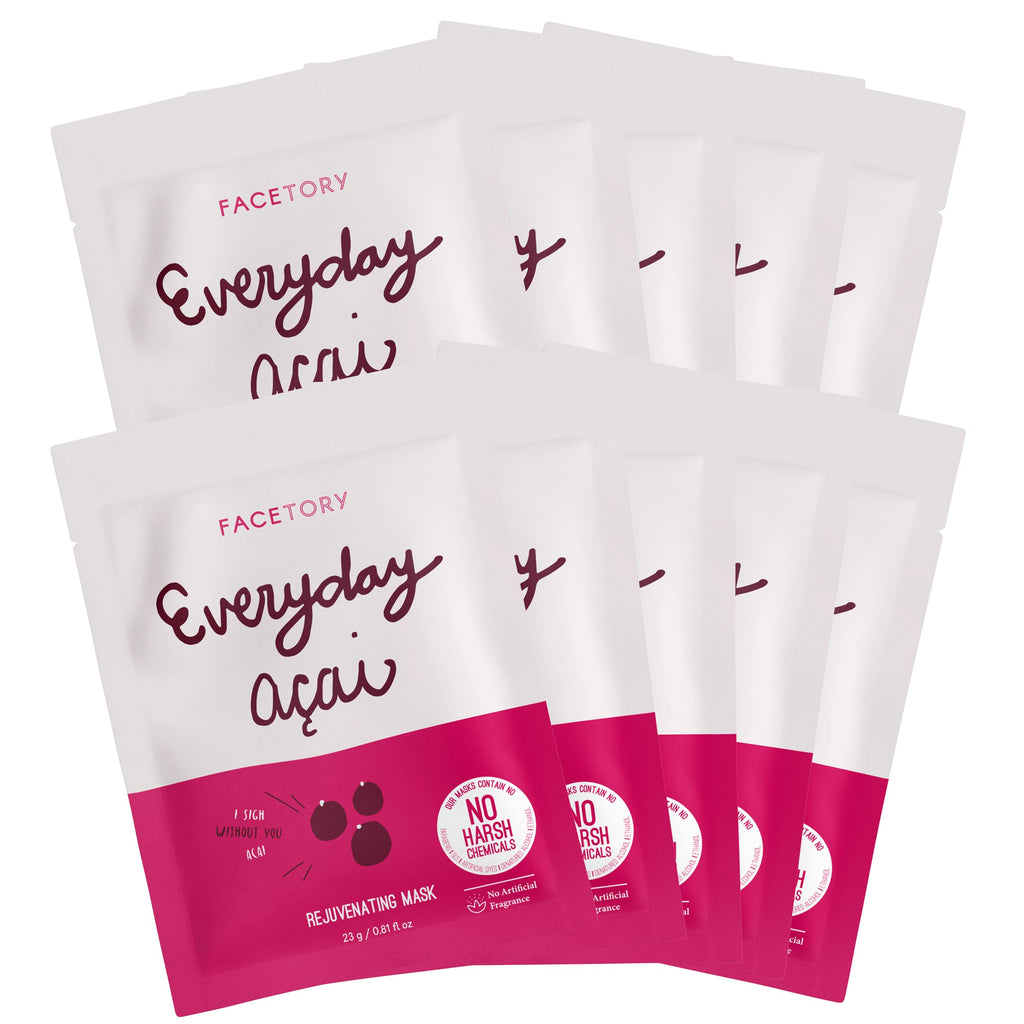 FACETORY K Beauty Face Mask Skin Care - Everyday ACAI Rejuvenating Sheet Mask | Plant-Based with Acai Infusion (10 Pack)