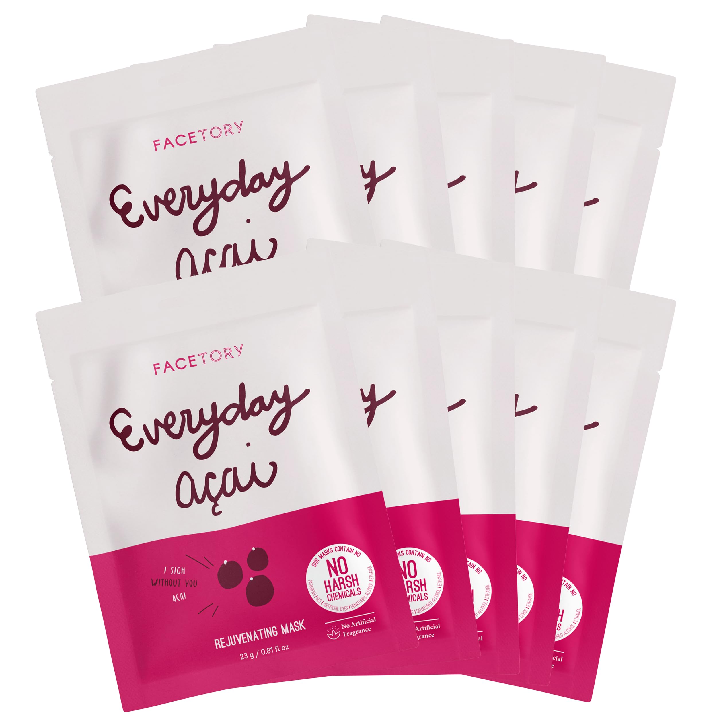 FACETORY K Beauty Face Mask Skin Care - Everyday ACAI Rejuvenating Sheet Mask | Plant-Based with Acai Infusion (10 Pack)