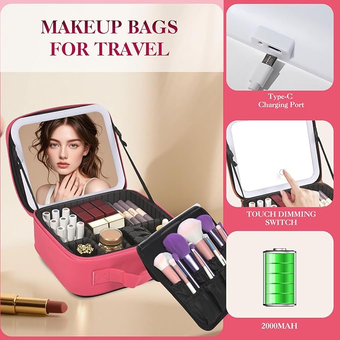 Yaliang Travel Makeup Bag with Mirror & 6 Adjustable EVA Dividers, Rose Red