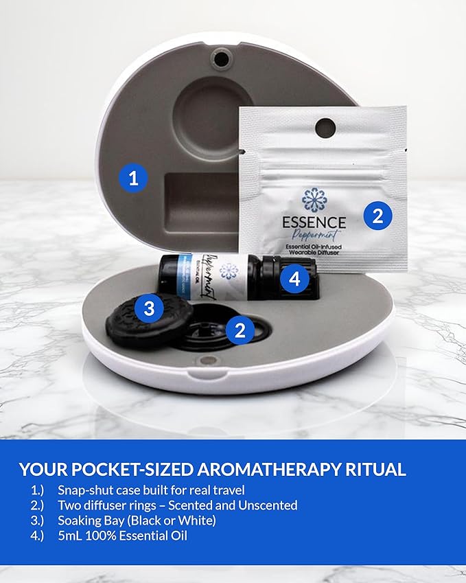 Essence Pearl Travel Case | Peppermint Essential Oil | Aromatherapy Nasal Diffuser & Essential Oil Carrying Case | Invigorating Peppermint Scent | Travel-Friendly Kit | Black Pod