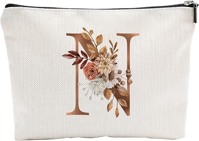 YKYENR A-Z Boho Personalized Cosmetic Bag-Floral Cotton Letter Makeup Bag With Zipper-Artistic Cosmetic Bag For Travel-Bride,Birthday Gift For Women Daughter Friends-Women Makeup Organizer-A14