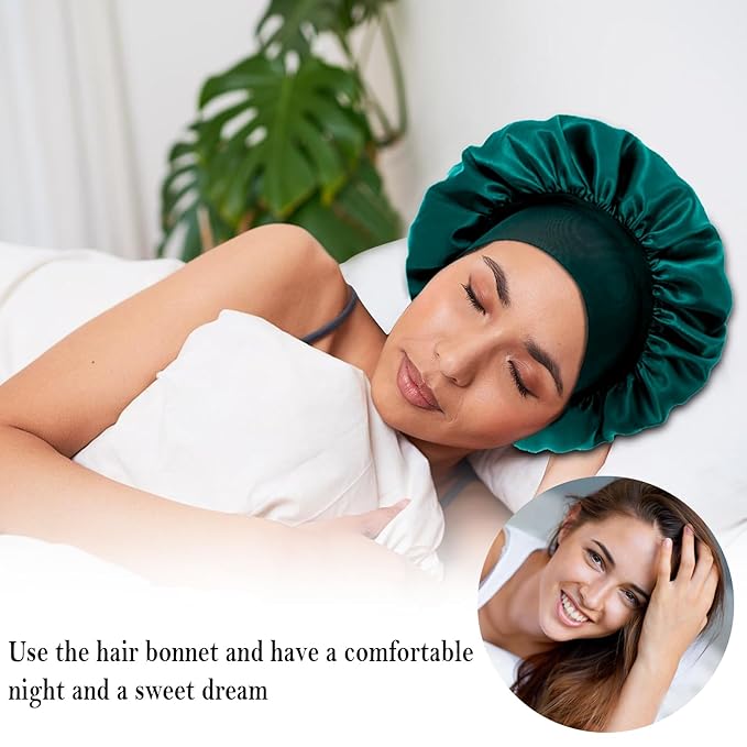 4Pcs Silk Hair Bonnets for Sleeping - Elastic Wide Band Satin Hair Wrap for Sleeping Black Women Men,Bonnets for Curly Hair,Silk Sleep Cap (Black & Blue & Pink & Khaki)
