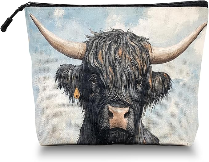 Scribesense Cosmetic Bags Travel Makeup Toilet Case Waterproof Pouch for Women Girls 6.7X9.45inches - Black Yak With Large Horns in A Flower - Filled Meadow