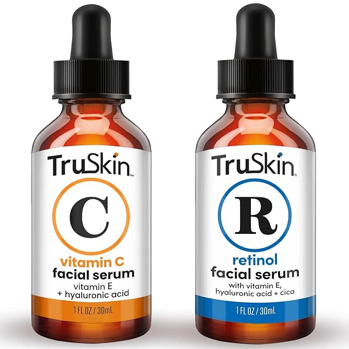 TruSkin Face Serum Duo - Vitamin C Serum & Retinol Serum for Face - AM & PM Anti Aging Skincare Routine - Brightening & Smoothing Facial Serums, 1 fl oz Each