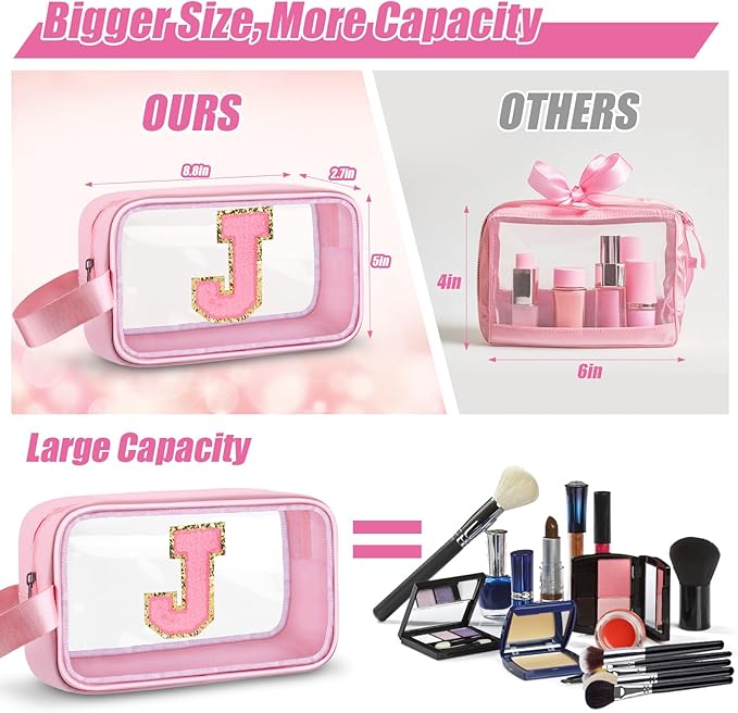 Vodolo Initial Makeup Bag,Letter J Cute Clear Monogrammed Cosmetic Travel Bag for Womens Girls,Personalized Pink Aesthetic Traveling Make Up Organizer Bag for Beach,Waterproof Toiletry Bag