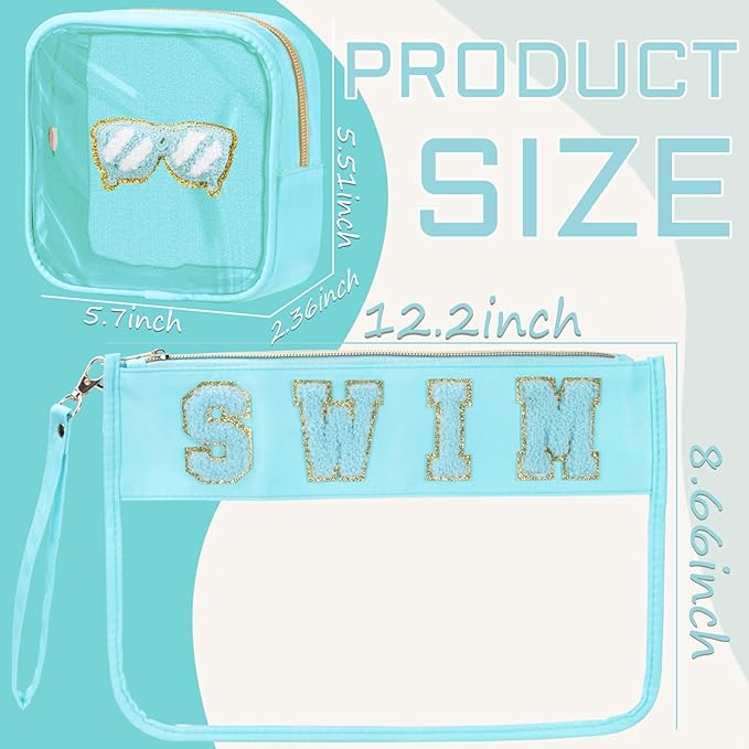 BuyCard 2 Pcs Swim Bag Cosmetic Makeup Bag with Chenille Letter Patch, Clear Pouch PVC Organizer Purse, Waterproof Travel Beach Bag, Portable Toiletry Storage Bag