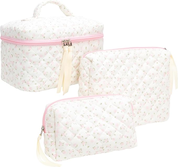 3 Piece Quilted Makeup Bag Set for Women,Cosmetic&Toiletry Bag,Flower Pink