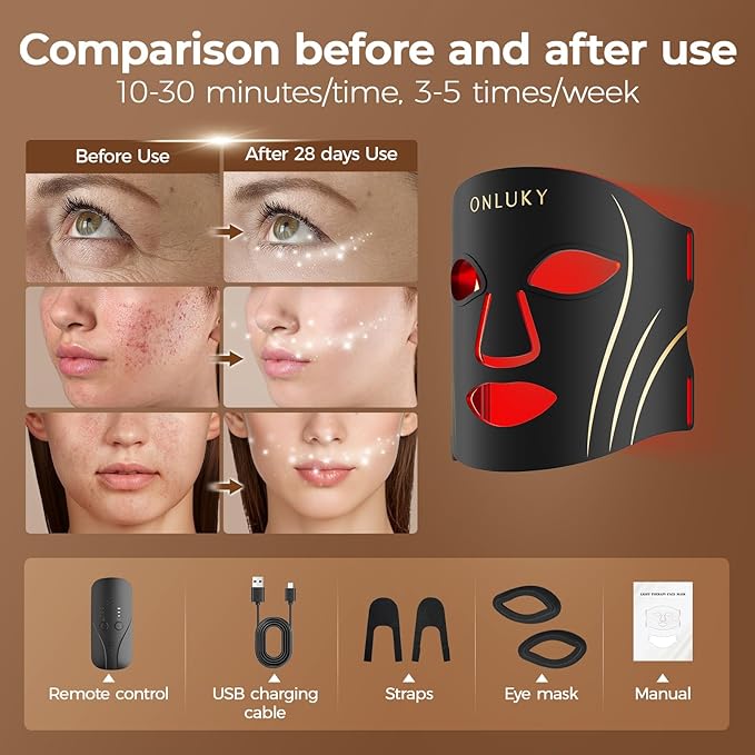 ONLUKY Red Light Therapy Mask for Face,70 LED Face Mask Light Therapy,USB C Rechargeable,Infrared Light Therapy Mask for Home Working Travel Yoga Sleep