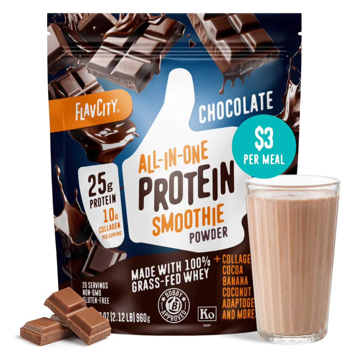 FlavCity Grass Fed Whey Chocolate Protein Powder - Chocolate Peanut Butter - 25g Protein & 10g Collagen - Made with Organic Cocoa & Coconut Milk - Gluten Free & No Added Sugars (20 Servings)