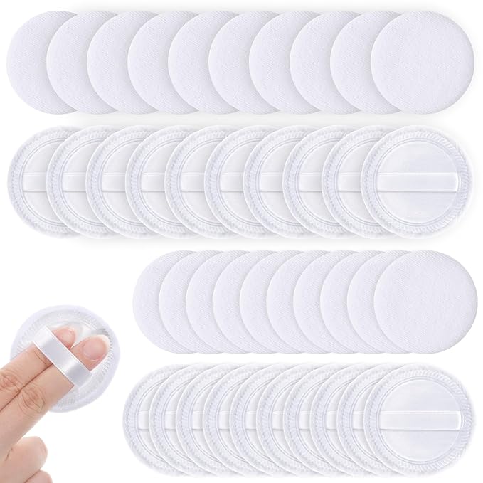 40 Pcs Washable Soft Makeup Powder Pads Cotton Bulk, White Round Cosmetic Face Powders Makeup Puffs with Ribbon, for Loose Setting Blending Foundation Cream Pressed Body Powders