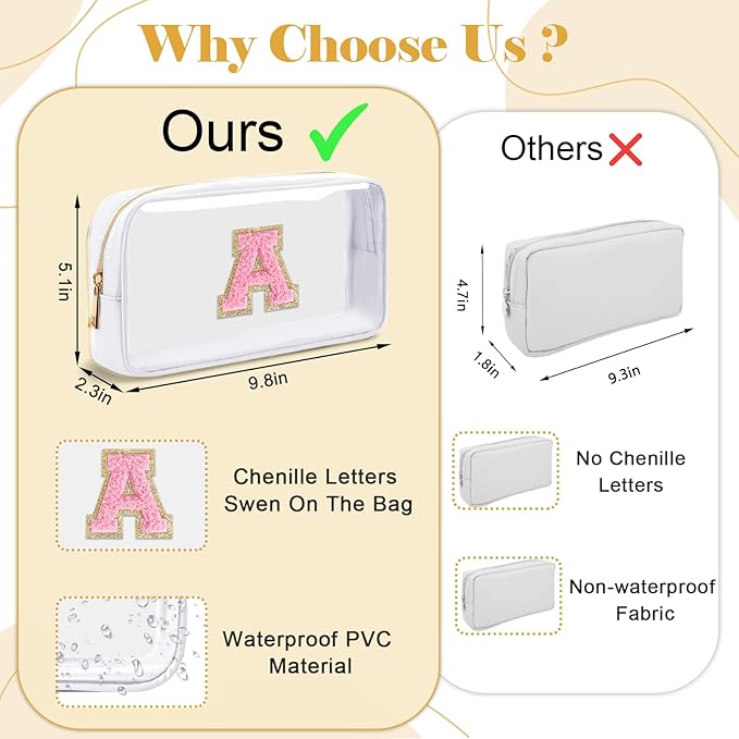 Personalized Initial Letter Clear Makeup Bag,Preppy Small Nylon&PVC Cosmetic Zipper Bag with Chenille Letter,Travel Skincare Toiletry Bag,Monogram Christmas Gift for Teen Girls Women,N