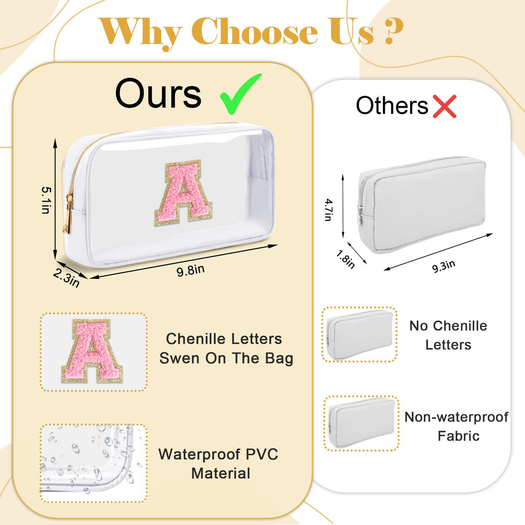 UIXIZQ Personalized Initial Letter Clear Makeup Bag,Preppy Small Nylon&PVC Cosmetic Zipper Bag with Chenille Letter,Travel Skincare Toiletry Bag,Monogram Christmas Gift for Teen Girls Women,H