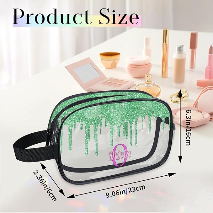 KFNHN Personalized Name Toiletry Bag, Transparent PVC Large Travel Cosmetic Bag Portable Makeup Organizer Bag for Women Bathroom Shower Essentials, Water Flow Shape Lime Green Glitters