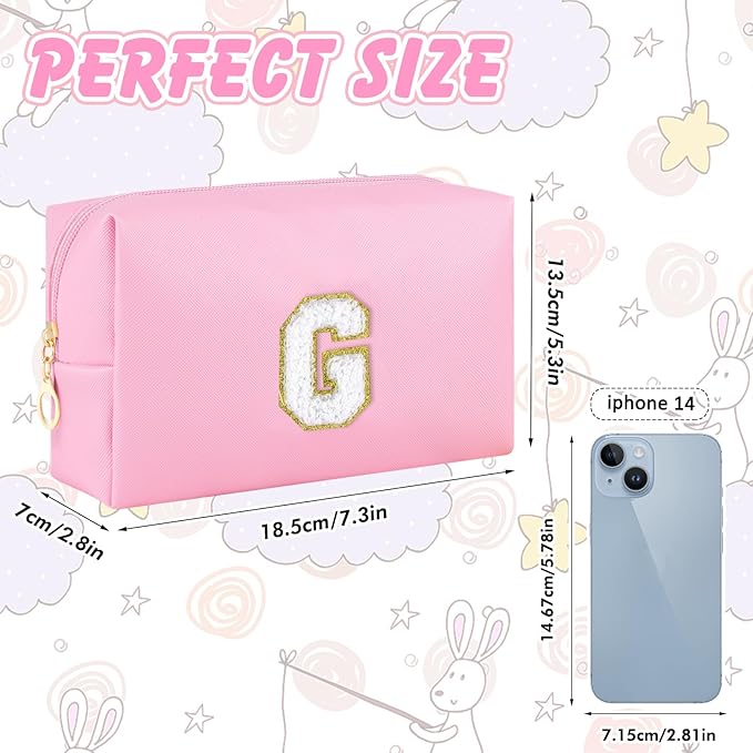 Initial Makeup Bag Personalized Preppy Travel Small Cosmetic Bag Cute PU Pink Chenille Letter Makeup Pouch for Purse Waterproof Zippered Toiletry Organizer for Women Girls Kids Friends (G)